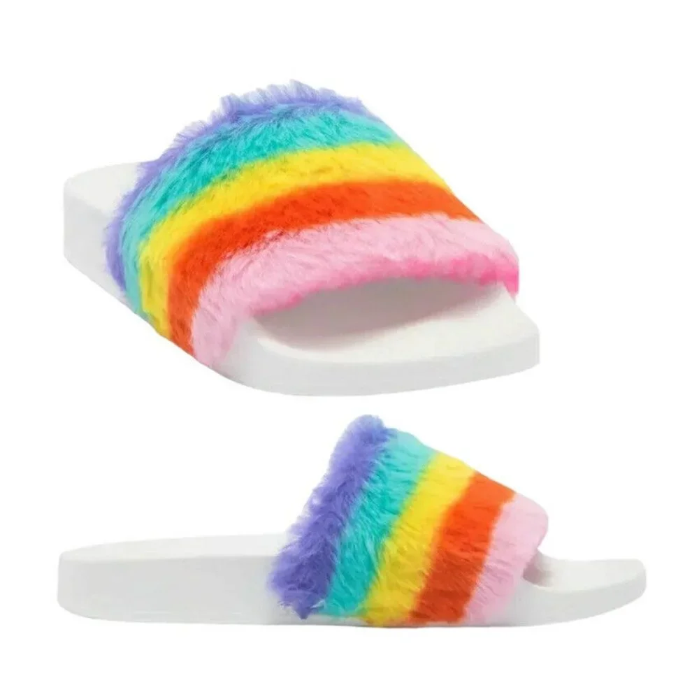 Steve Madden Rainbow Faux Fur Slippers Sandals Slides Women's Girls Big Kids 4